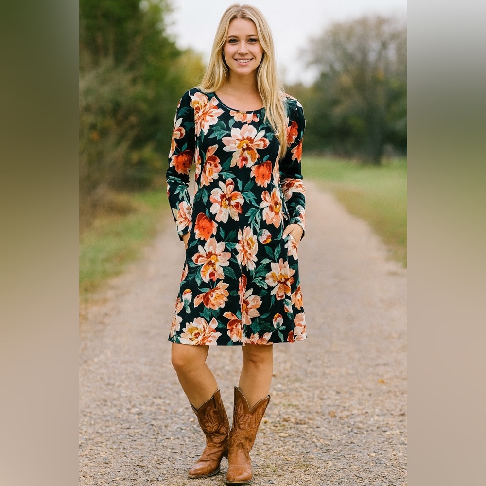 Twelve Months Women’s Long Sleeve Floral Dress Knee Length Side Pockets Size M